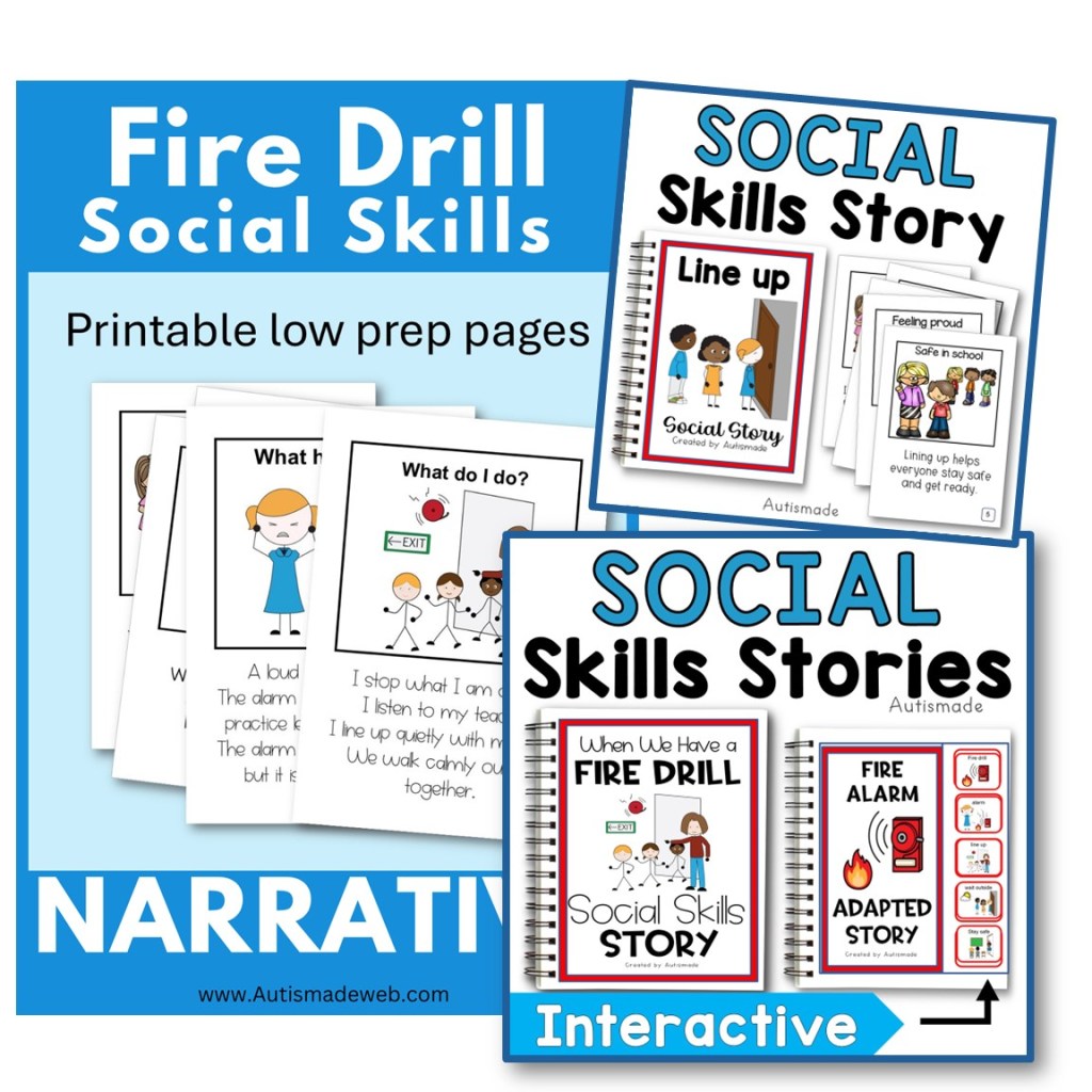 A collection of educational materials focused on fire drill social skills, including printable pages, social stories, and interactive resources. The top section highlights 'Fire Drill Social Skills' and the lower section features images of characters and instructions related to lining up and safety during fire drills.