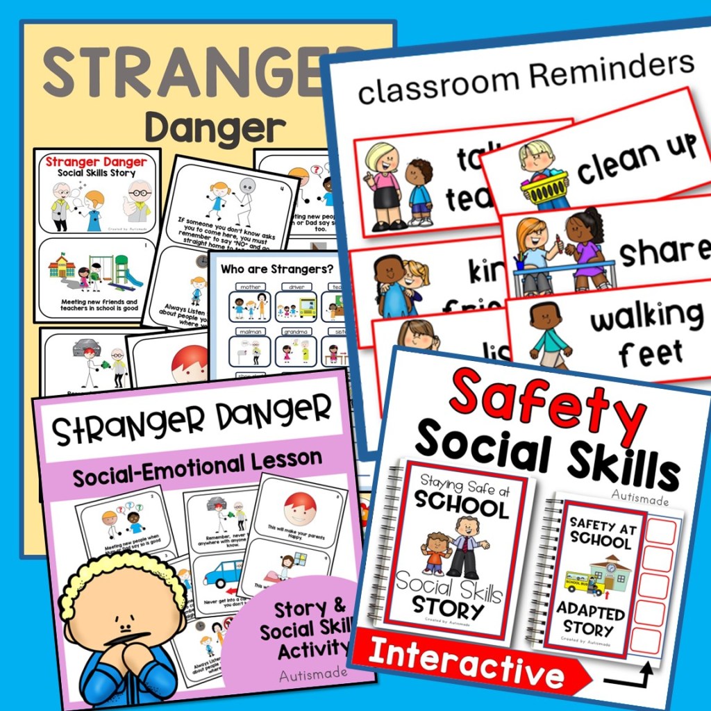 A collection of educational materials about 'Stranger Danger' and social skills, featuring colorful illustrations and text, including classroom reminders and social-emotional lessons.