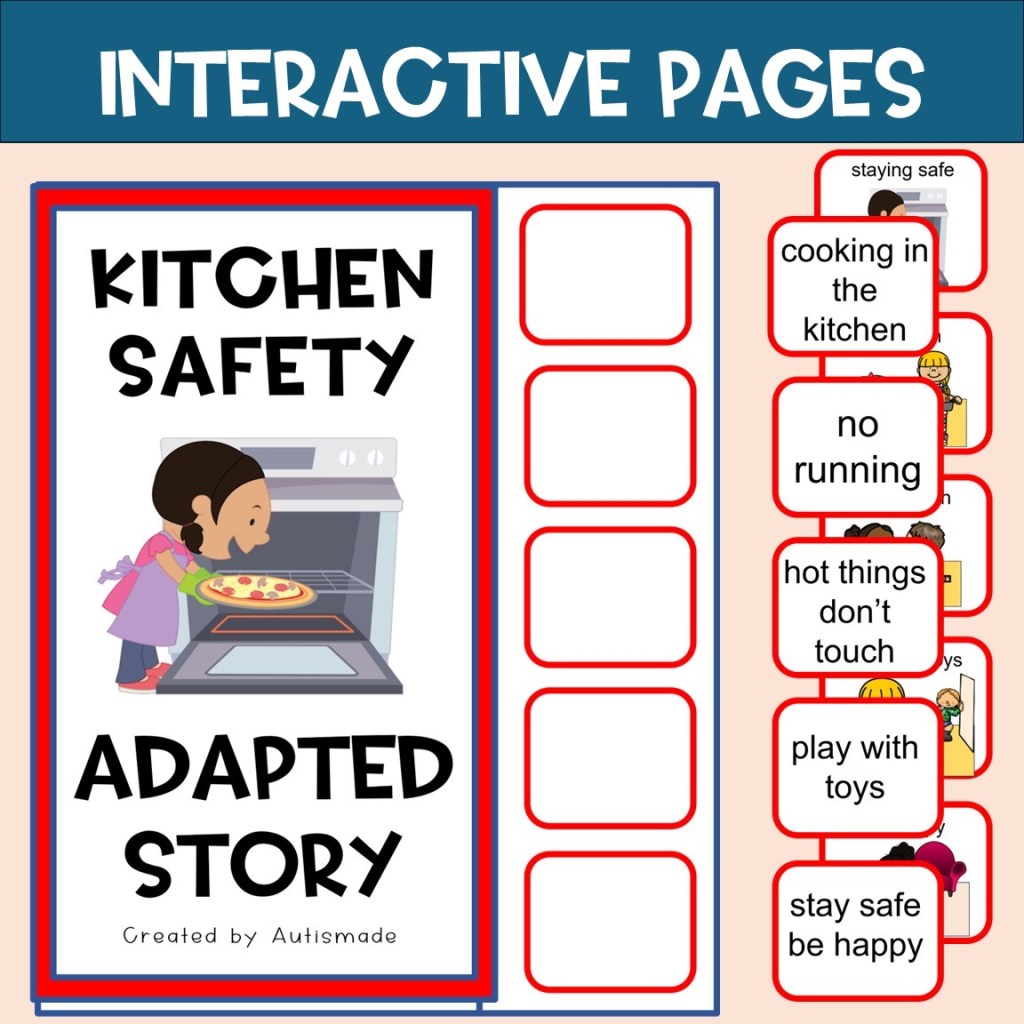 Illustration of a girl putting a pizza into an oven with the text 'KITCHEN SAFETY ADAPTED STORY' on the cover alongside interactive safety tips.