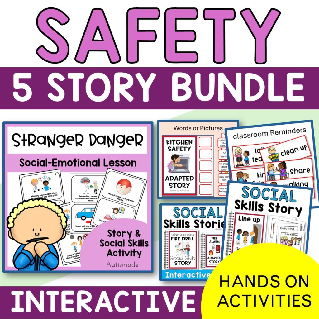 Graphic promoting a safety education bundle with a focus on social-emotional lessons. Features 'Stranger Danger' and other activities emphasizing social skills and safety reminders.